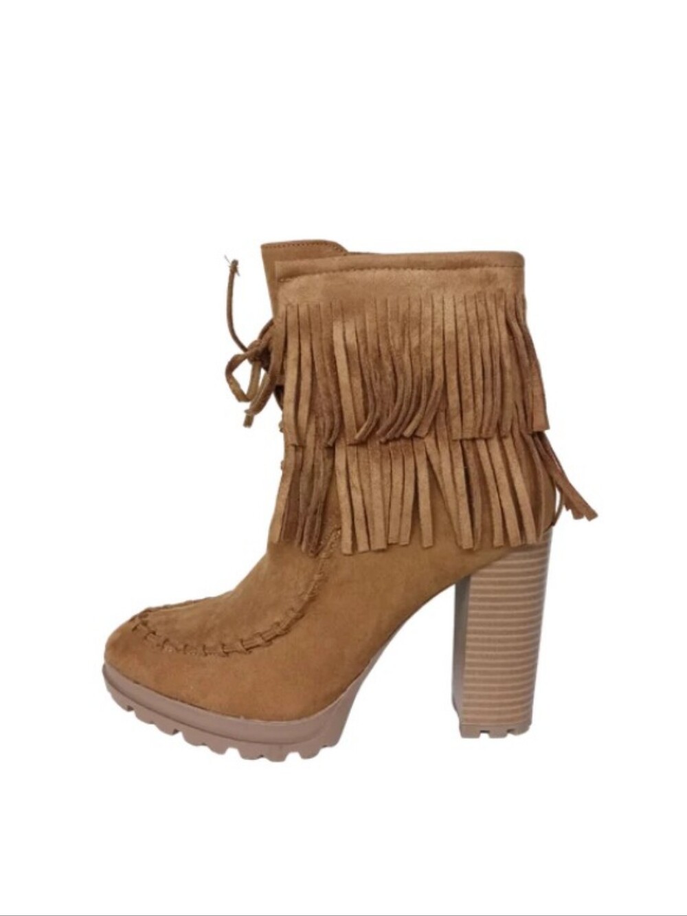 JustFab Boots Women's 7.5 Tan Faux Suede High Heeled Tiered Fringe Ankle Booties